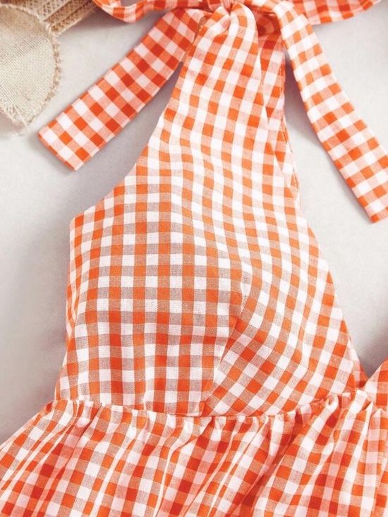 Gingham print v neck tie strap tiered mini dress orange white preppy - Picture 3 of 4